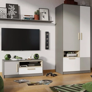 Meblościanka Pok grafit / szary / biały / buk ibsen stylowe meble do pokoju młodzieżowego o nowoczesnym designie modna kolorystyka