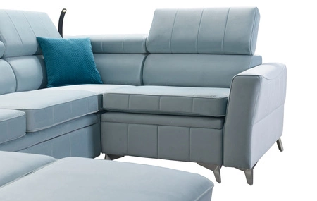 Narożnik z funkcją spania Rava V żółty lewostronny komfortowy narożnik z pojemnikami na pościel oraz wielofunkcyjną lampką