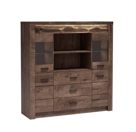 Komoda z szufladami Indiana 137 cm jesion ciemny gustowna stylistyka komody z przeszkleniem ozdobna deska na froncie komody oświetlona LED