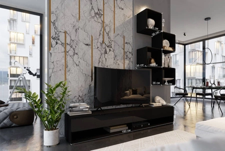 Meblościanka Nestorio czarna / czarny połysk stylowy design meblościanki wpisujący się w każde wnętrze szafka RTV z możliwością powieszenia