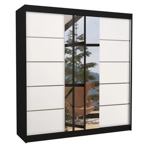 Szafa przesuwna z lustrem Bergen 200 cm czarny / biały klasyczna forma dekoracyjne listwy na frontach szafy do sypialni lub przedpokoju
