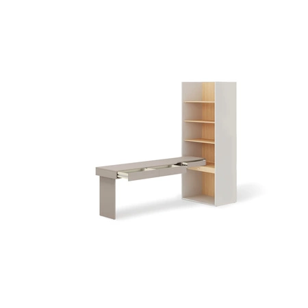 Biurko z regałem Woow 253 cm clay grey / szampański / dąb vincenza bielona lewe ergonomiczne biurko z szufladami oświetlenie LED