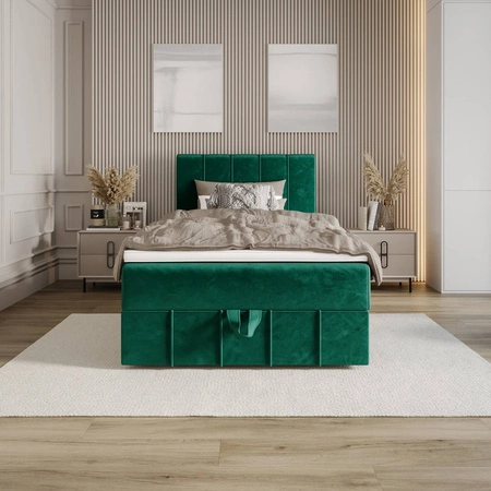 Łóżko kontynentalne Casey 120x200 butelkowa zieleń w nowoczesnym skandynawskim stylu z tapicerowanym zagłówkiem łóżko z pojemnikiem