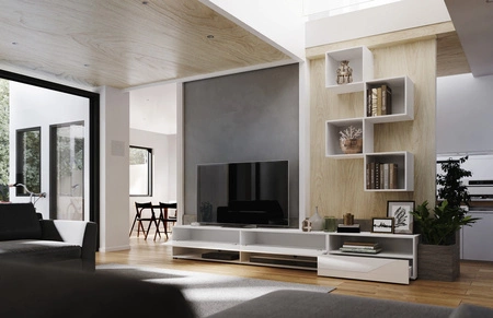 Meblościanka Nemea biała / biały połysk uniwersalna i stylowa meblościanka do salonu minimalistyczny design w nowoczesnej aranżacji