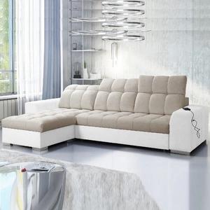 Narożnik z funkcją spania Luigi beżowy / biały lewostronny narożnik z dwoma pojemnikami na pościel tkanina o ciekawej strukturze