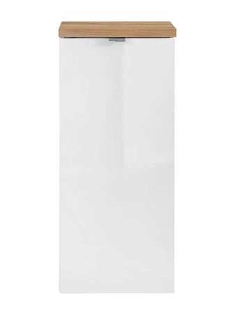 Szafka łazienkowa wisząca Capri 35 cm biały połysk / dąb craft złoty funkcjonalna szafka wyposażona w kosz na pranie metalowy uchwyt