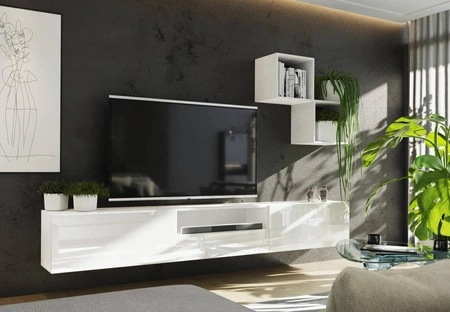 Meblościanka Mistra biała / biały połysk uniwersalna i stylowa meblościanka do salonu minimalistyczny design w nowoczesnej aranżacji