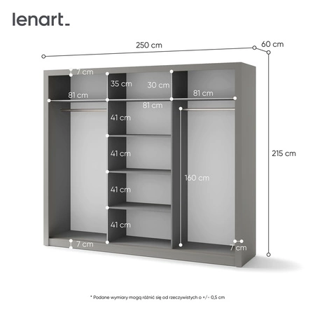 Szafa przesuwna z lustrem Idea 250 cm szara estetycznie wykonana szafa do sypialni lub pokoju młodzieżowego srebrne uchwyty