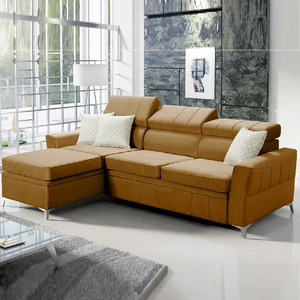 Narożnik z funkcją spania Rava miodowy lewostronny velvet komfortowy i funkcjonalny narożnik z regulowanymi zagłówkami