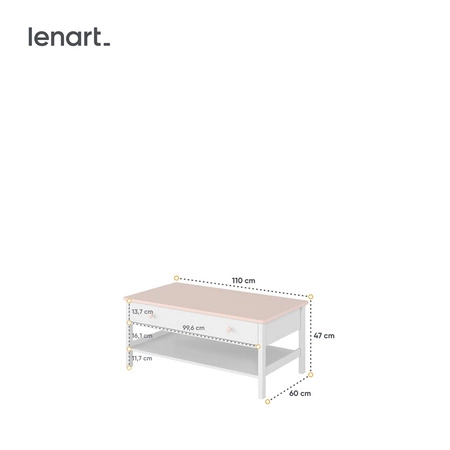 Stolik Luna 110 cm biały / różowy praktyczny stolik z dodatkową półką i głęboką szufladą do pokoju dziecięcego