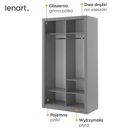 Szafa przesuwna z lustrem Arti 120 cm szara funkcjonalna szafa do sypialni lub pokoju młodzieżowego drzwi szafy wykończone lustrami