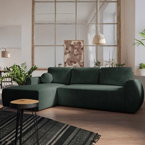 Narożnik z funkcją spania Colio zielony lewostronny stylowy narożnik o ciekawym kształcie welurowa tkanina ozdobna poduszka piłka