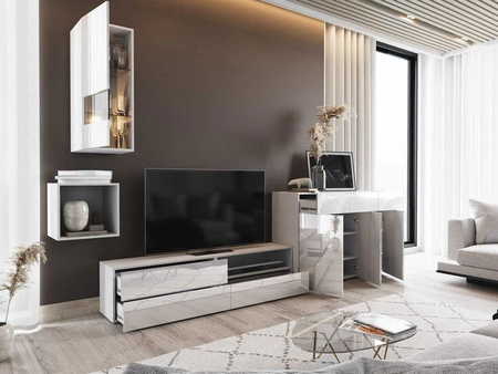 Meblościanka Pylos biała / biały połysk nowoczesny design system otwierania drzwi i szuflad push to open zestaw mebli z komodą