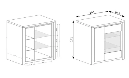 Witryna niska Livinio 100 cm dąb ribbeck / biały połysk estetycznie i starannie wykonana witryna do jadalni podświetlenie ledowe