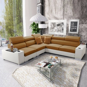 Narożnik z funkcją spania Provo III miodowy / biały lewostronny narożnik z pojemnikiem na pościel i regulowanymi zagłówkami