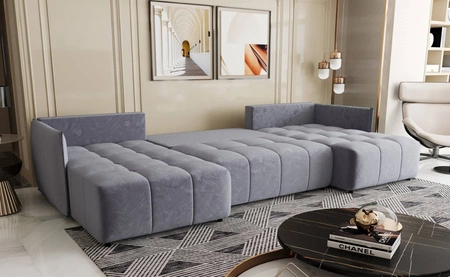 Narożnik z funkcją spania Oroso U błękitny pojemnik na pościel miękka tkanina typu velvet z powłoką hydrofobową ozdobne pikowania