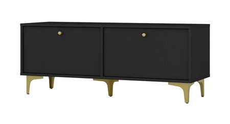 Szafka RTV Kioto I 121 cm czarny grafit elegancka szafka z drzwiami otwieranymi do dołu ponadczasowa kolorystyka złote dodatki