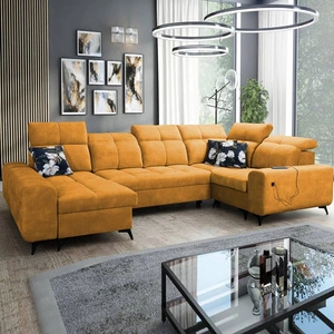 Narożnik z funkcją spania Buffalo IV żółty lewostronny stylowy narożnik rozkładany z dwoma pojemnikami na pościel welurowa tkanina