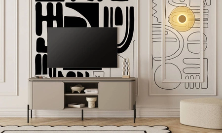 Szafka RTV Belle 163 cm ciemny beżowy elegancka szafka pod telewizor o zaokrąglonym kształcie wsparta na metalowych czarnych nogach