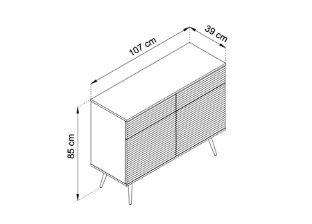 Komoda z szufladami Luxury 107 cm biała stylowa komoda z ryflowanymi frontami korpus zwieńczony złotą listwą czarne metalowe nogi