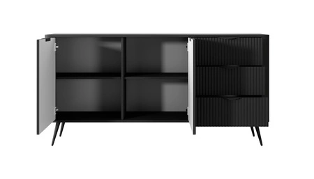 Komoda z szufladami Lante 163 cm czarna gustowna komoda z ryflowanymi frontami wsparta na wysokich skośnych nogach stylowe uchwyty
