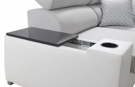 Narożnik z funkcją spania Provo III grafitowy / biały lewostronny narożnik z pojemnikiem na pościel i regulowanymi zagłówkami