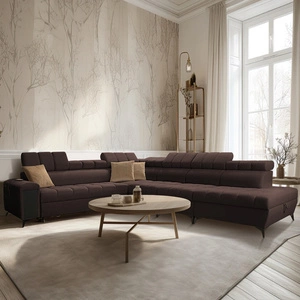 Narożnik z funkcją spania Bolmso XII brązowy prawostronny nowoczesny design narożnik zapewnia komfort obszerne pojemniki na pościel