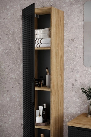 Słupek łazienkowy wiszący Luxor 35 cm dąb olejowany / czarny solidnie wykonana szafka łazienkowa z oryginalnym ryflowanym frontem