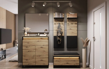 Szafka na buty Quant 92 cm dąb artisan / czarny szafka z tapicerowanym siedziskiem funkcjonalny dodatek do przedpokoju oświetlenie LED