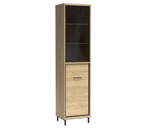 Witryna Mediolan Plus 49 cm hikora elegancka witryna wsparta na metalowych nogach bezpieczne szkło hartowane szuflada z systemem push to open