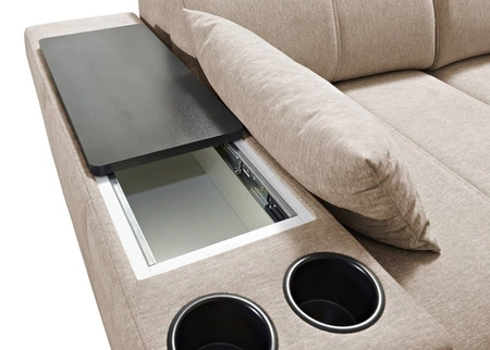 Narożnik z funkcją spania Tesalia IX niebieski prawostronny nowoczesny design komfortowe przesuwane oparcie szuflada w boczku mebla