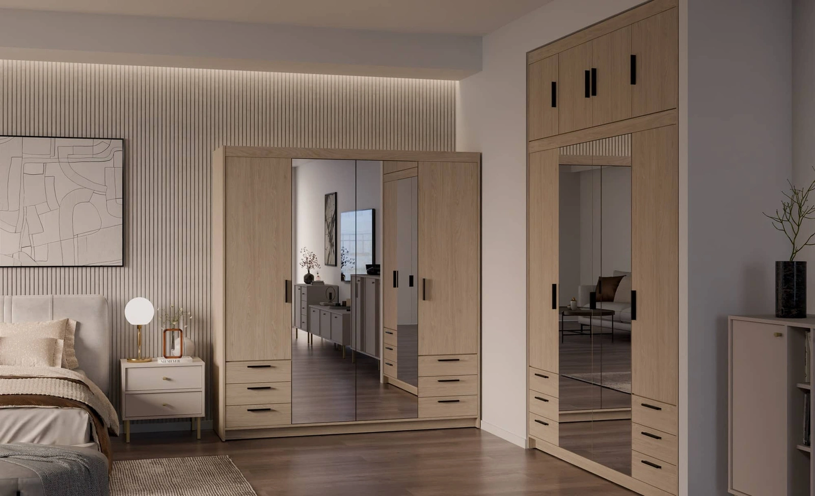 Szafa z lustrem do sypialni Rene Szafa na ubrania Szafa do przedpokoju z drzwiami uchylnymi