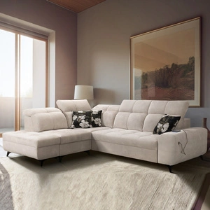 Narożnik z funkcją spania Buffalo VII beżowy lewostronny stylowy narożnik rozkładany z pojemnikami na pościel welurowa tkanina