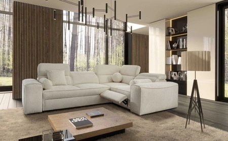 Narożnik z funkcją spania Viano II Lux kremowy prawostronny designerski narożnik do salonu z komfortowym wysuwanym podnóżkiem
