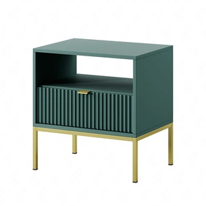 Szafka nocna z szufladą Lovro pastelowy zielony gustowny ryflowany dekor idealna szafka do sypialni złote metalowe dodatki