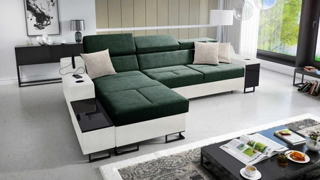 Narożnik z funkcją spania Alcamo zielony / biały lewostronny elegancki i stylowy narożnik z dostawką praktyczna szuflada w boczku mebla