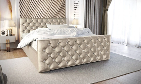 Łóżko tapicerowane Uberaba 180x200 beżowe z pojemnikiem w nowoczesnym skandynawskim stylu z pikowanym wezgłowiem i zanóżkiem z kryształkami
