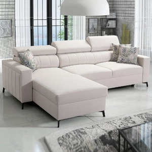 Narożnik z funkcją spania Savona kremowy lewostronny wygodny i elegancki narożnik z regulowanymi zagłówkami dekoracyjne przeszycia