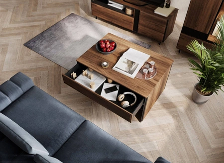 Stolik kawowy Borga dąb catania / czarny nowoczesny i elegancki design stolik z pojemną szufladą oraz dodatkową półką