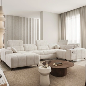 Narożnik z funkcją spania Penejos IV kremowy lewostronny stylowy narożnik rozkładany z dwoma pojemnikami na pościel trwała tkanina