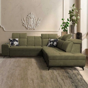 Narożnik z funkcją spania Buffalo IX oliwkowy prawostronny stylowy narożnik do pokoju wykonany z welurowej tkaniny ozdobne poduszki