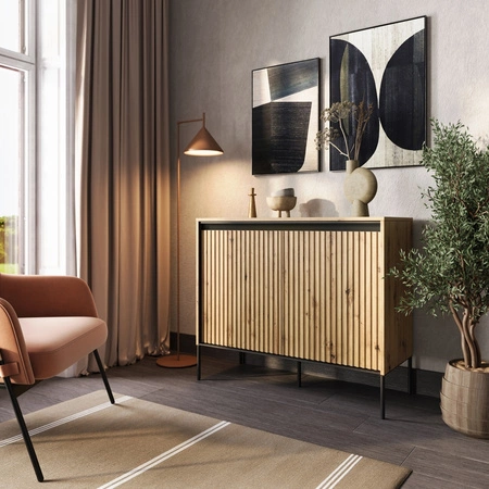 Komoda Trend 98 cm dąb artisan funkcjonalna komoda do salonu o oryginalnym designie ryflowane fronty z subtelnym oświetleniem