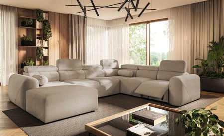 Narożnik z funkcją spania Cantare VIII Lux beżowy lewostronny designerski narożnik z elektrycznie podnoszonym podnóżkiem