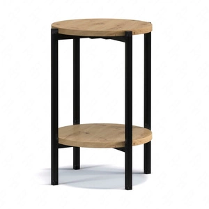 Stolik kawowy okrągły 44 cm Sampi dąb artisan z dodatkową półką lekki design metalowa podstawa zachwycająca ozdoba każdego wnętrza