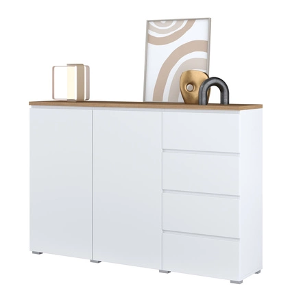 Komoda z szufladami Modo 150 cm biała / dąb mauvella w nowoczesnym wydaniu doskonała propozycja do salonu lub sypialni subtelnie frezowany uchwyt