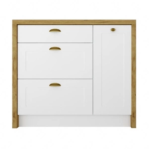 Wyspa kuchenna z szufladami Adele 97 cm dąb artisan / biały funkcjonalny mebel kuchenny odporny na działanie wilgoci metalowe uchwyty