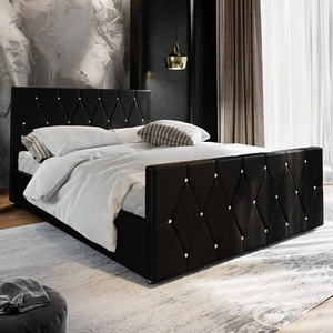 Łóżko tapicerowane Tifton 160x200 czarne z pojemnikiem w nowoczesnym stylu z charakterystycznym wezgłowiem oraz z zanóżkiem wykończone kryształkami