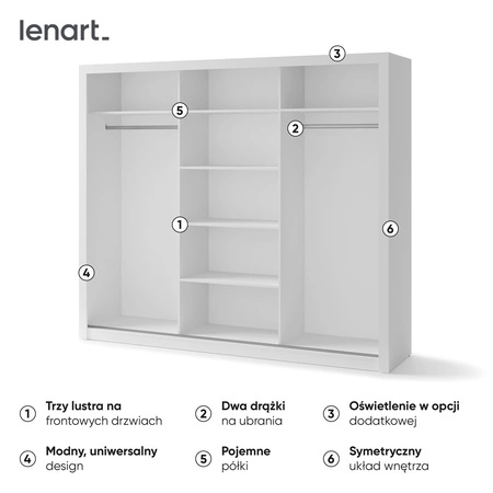 Szafa przesuwna z lustrem Idea 250 cm biała estetycznie wykonana szafa do sypialni lub pokoju młodzieżowego srebrne uchwyty