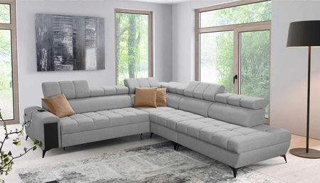 Narożnik z funkcją spania Bolmso IX szary prawostronny komfortowy narożnik do salonu z szufladą pojemniki na pościel stylowy design