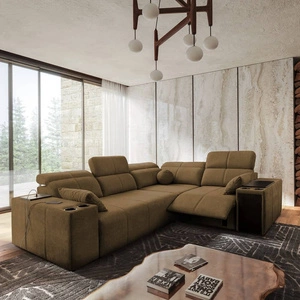 Narożnik z funkcją spania Tesalia II Lux brązowy prawostronny wygodny narożnik z przesuwanym oparciem oraz wysuwanym podnóżkiem